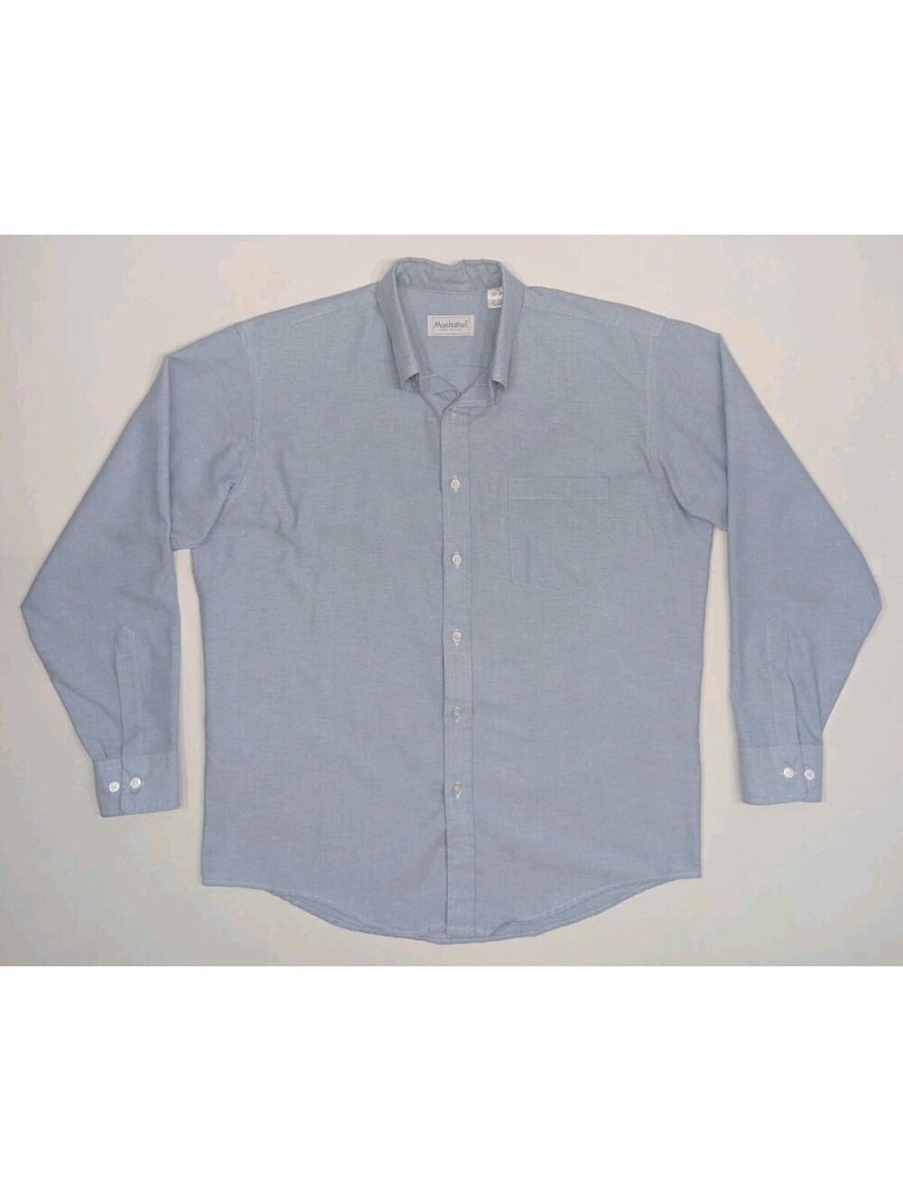 Vintage Manhattan Dress Shirt Mens 16 32-33 Blue Button Down Oxford Made in USA
